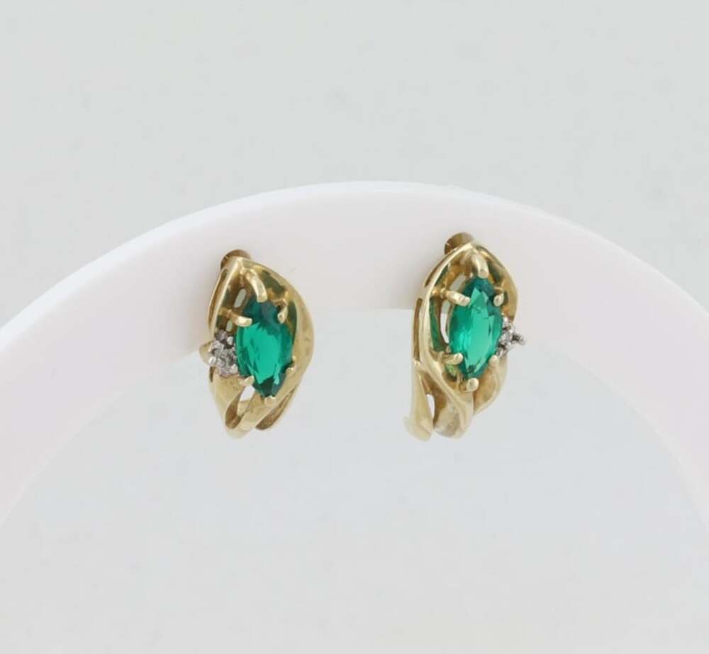 10k Yellow Gold Lab Created Emerald and Diamond Earrings Half Hoop Earrings 5/8"